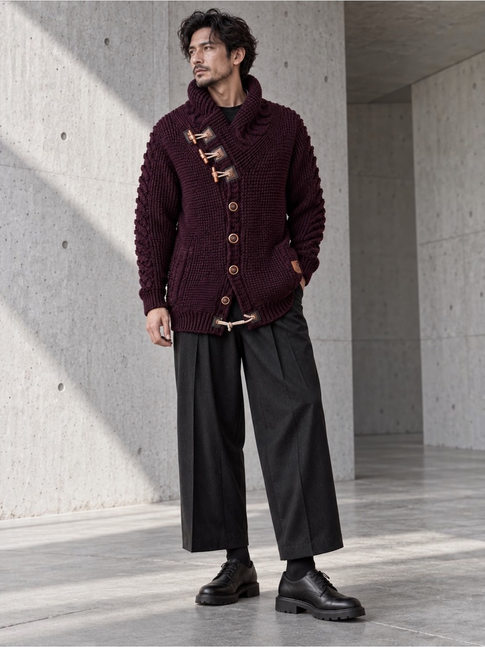 LCR Black Edition Burgundy Chunky Knit Toggle Cardigan | Shawl Collar | Mens XXL